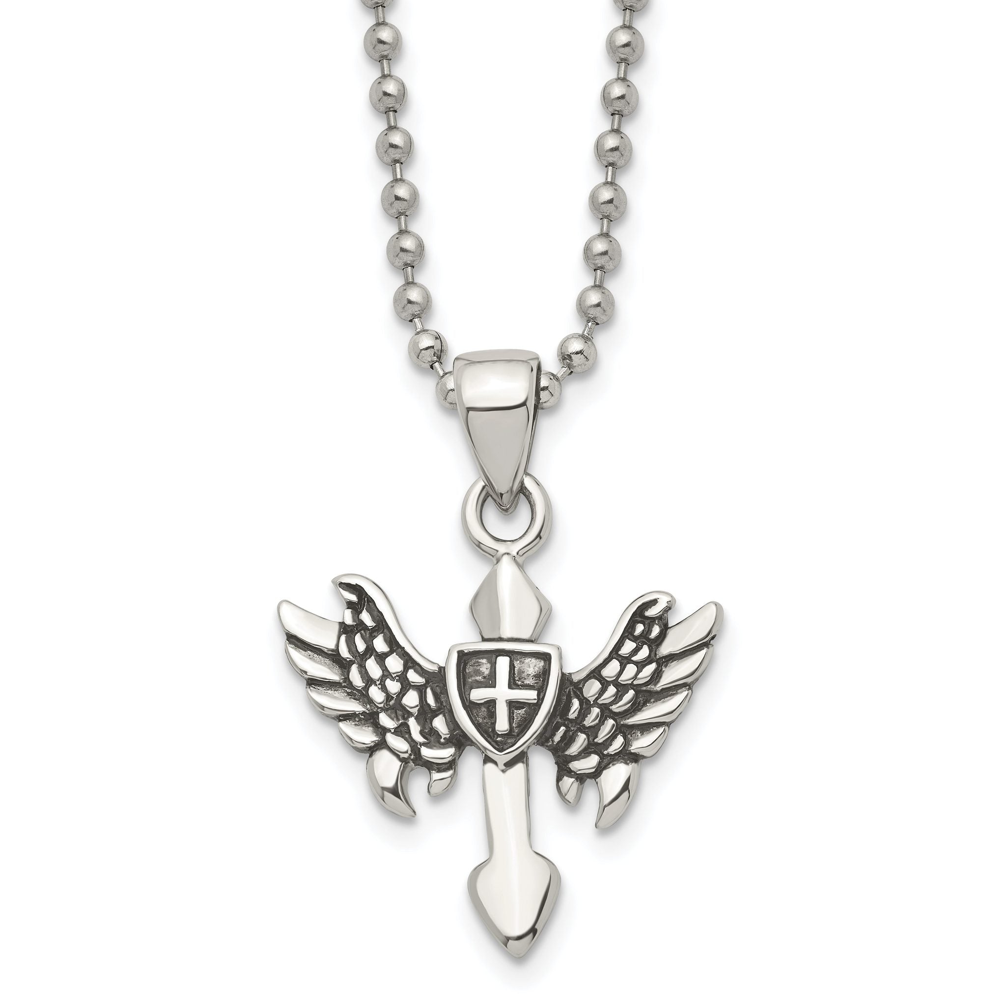 Chisel Stainless Steel Antiqued and Polished Cross with Wings Pendant on a 20 inch Ball Chain Necklace Main image
