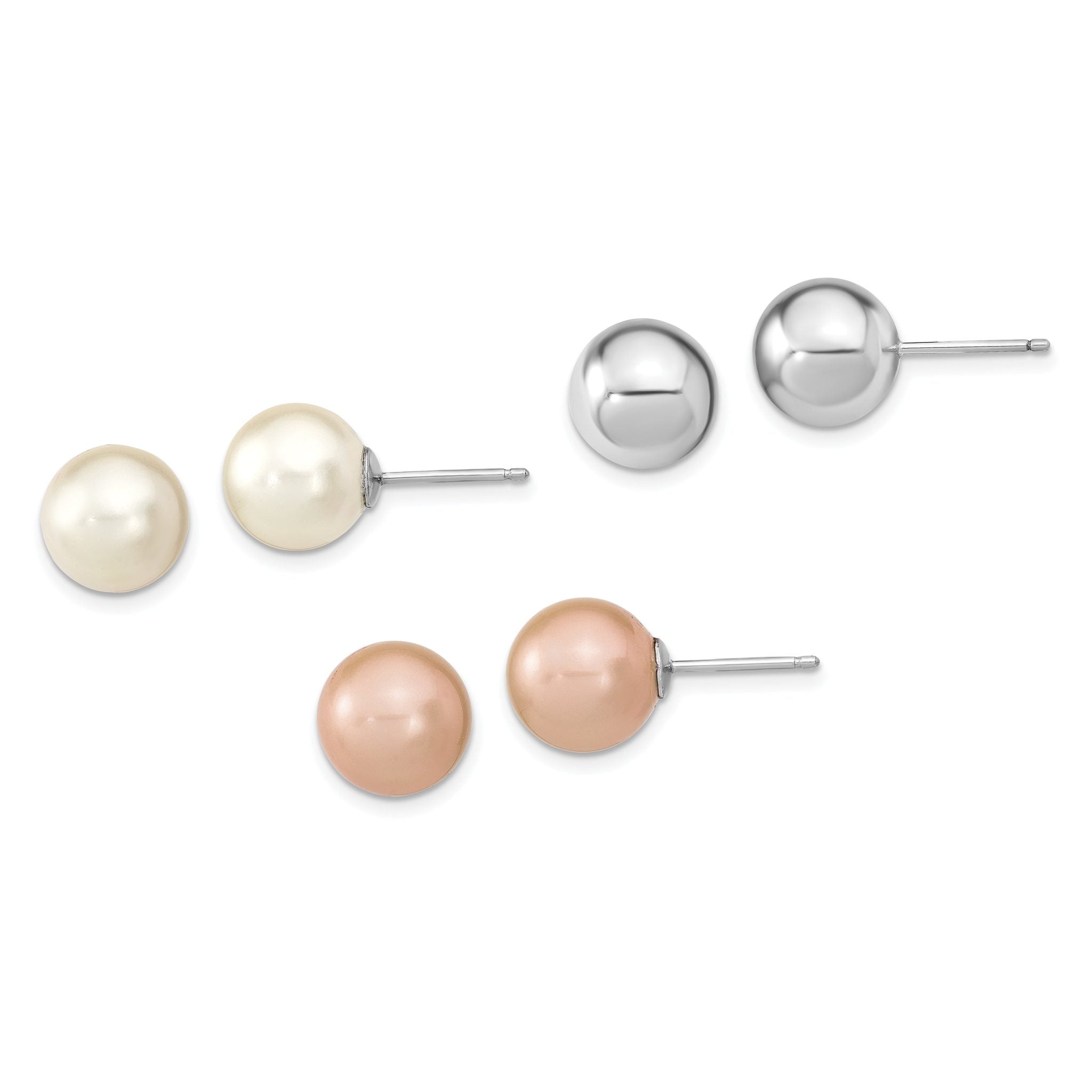 Sterling Silver Rh-pl 10-11mm Wht/Pink Imitation Shell Pearl 3 Earring Set Main image