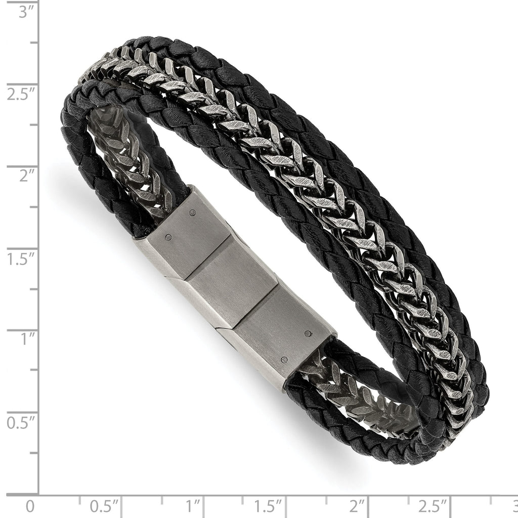 Stainless Steel Antiqued and Brushed Multi Strand Chain and Black Leather Bracelet with . Extension for Men