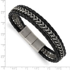 Stainless Steel Antiqued and Brushed Multi Strand Chain and Black Leather Bracelet with . Extension for Men