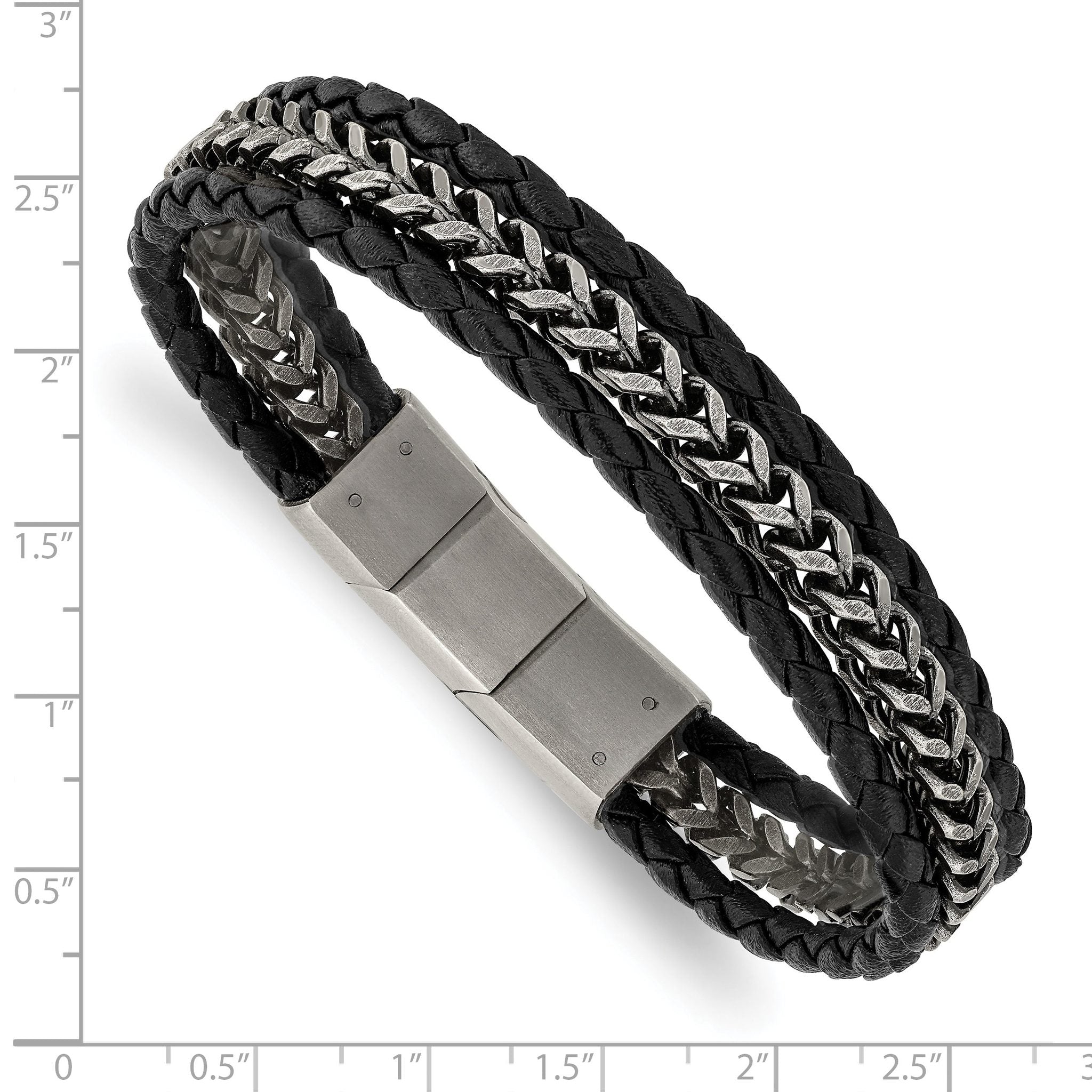 Stainless Steel Antiqued and Brushed Multi Strand Chain and Black Leather Bracelet with . Extension for Men