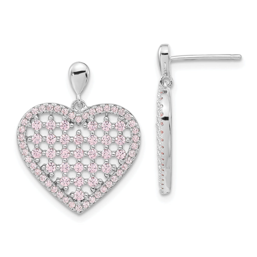 Sophia Jewelers Sterling Silver Pink CZ Heart Dangle Earrings Polished Finish