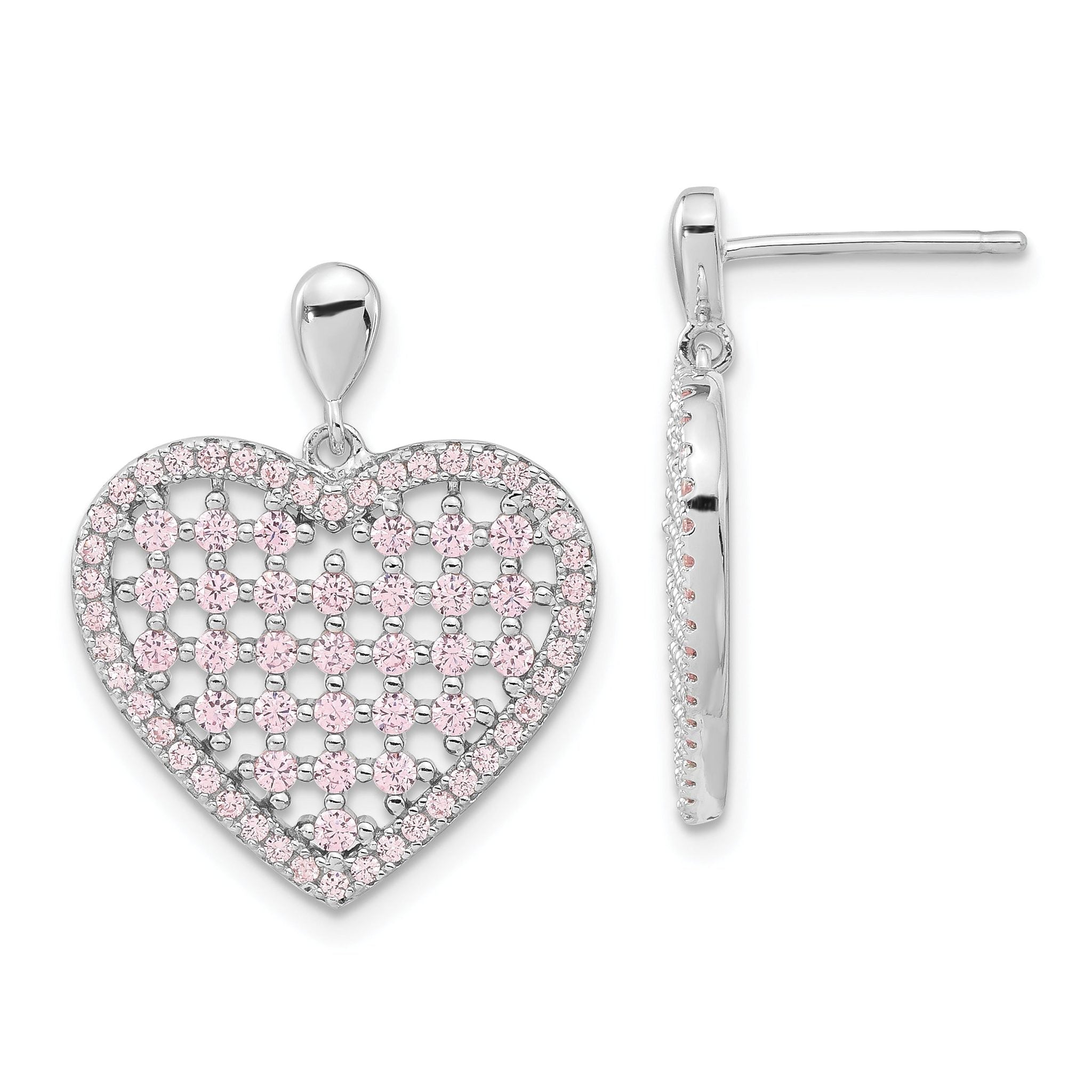 Sophia Jewelers Sterling Silver Pink CZ Heart Dangle Earrings Polished Finish