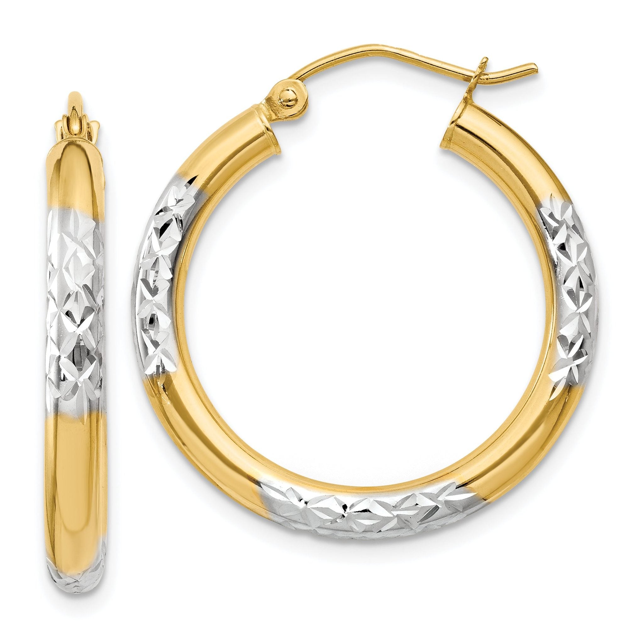 14K and Rhodium Diamond-cut 3x25mm Hoop Earrings Main image