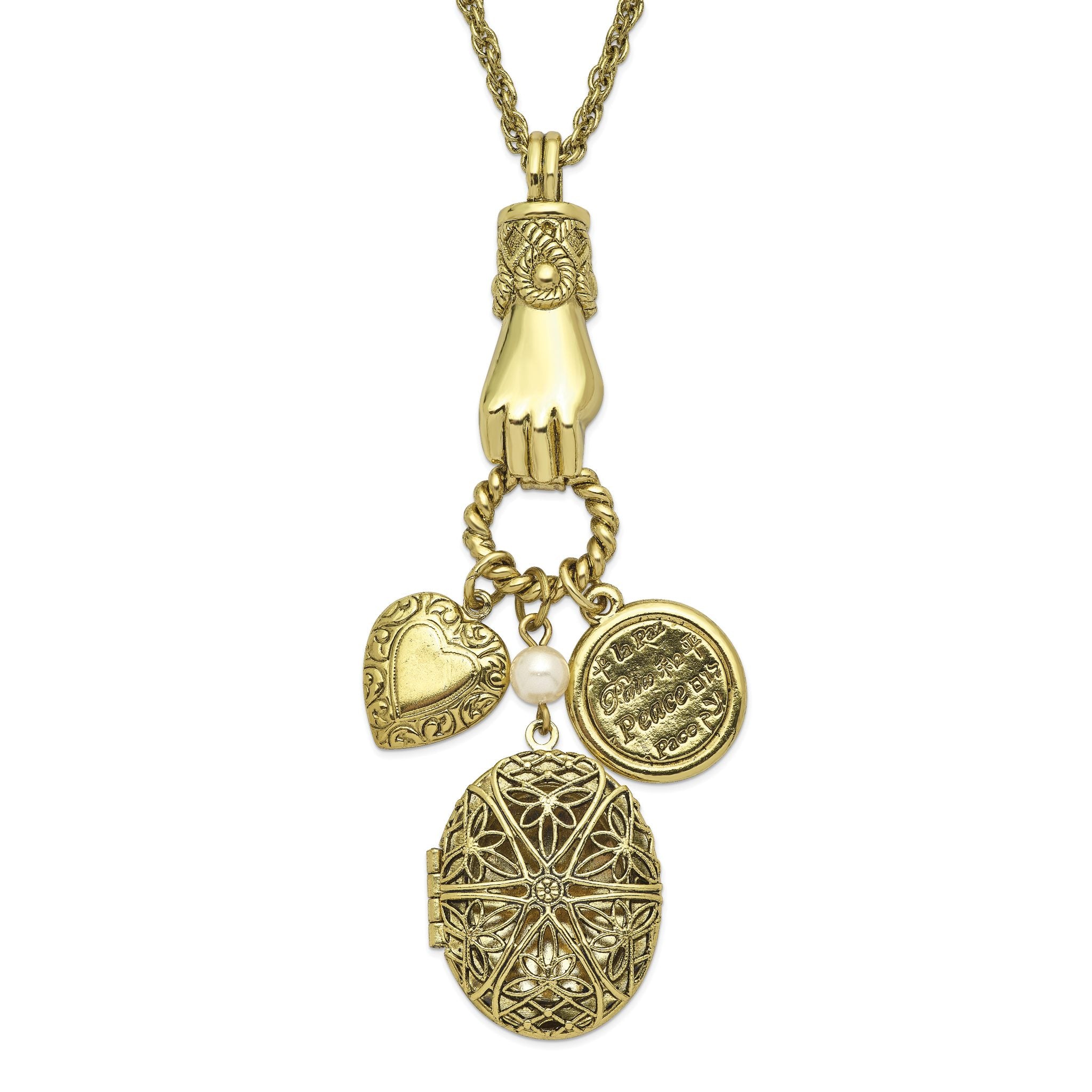 1928 Jewelry Brass-tone Hand Holding Oval 28mm Locket  and Polished Heart and Peace Charm 30 inch Necklace Holds 2 Photos Main image