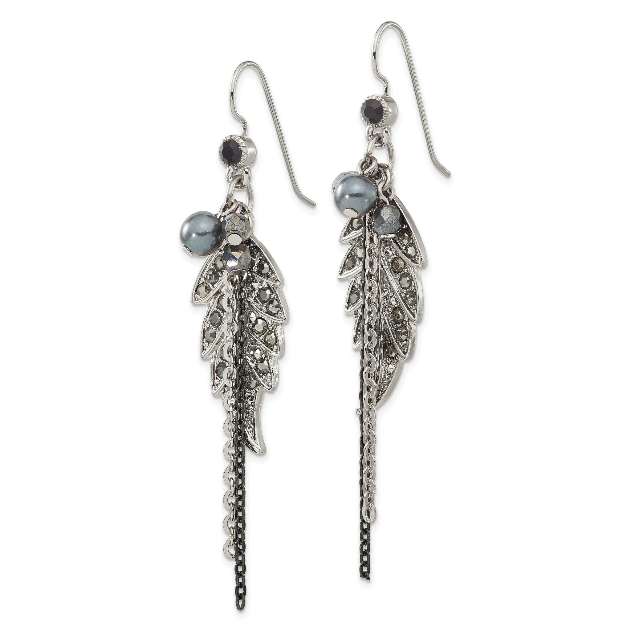 1928 Jewelry Silver-tone and Black-plated Leaf Pattern Jet Black and Hematite Crystal and Glass Beads Dangle Earrings Secondary image