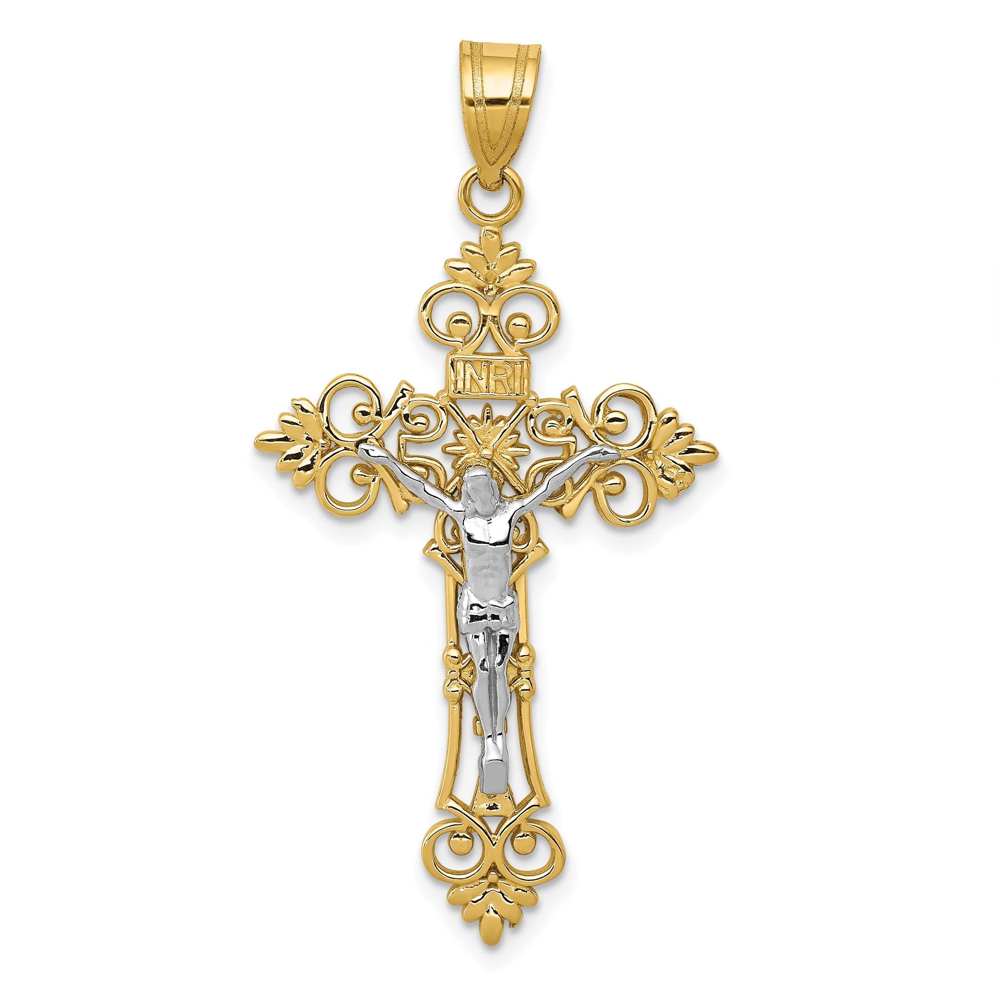14K Two-Tone Gold Inri Crucifix Pendant with Lacy Edge  43mm Elegant Design Main image