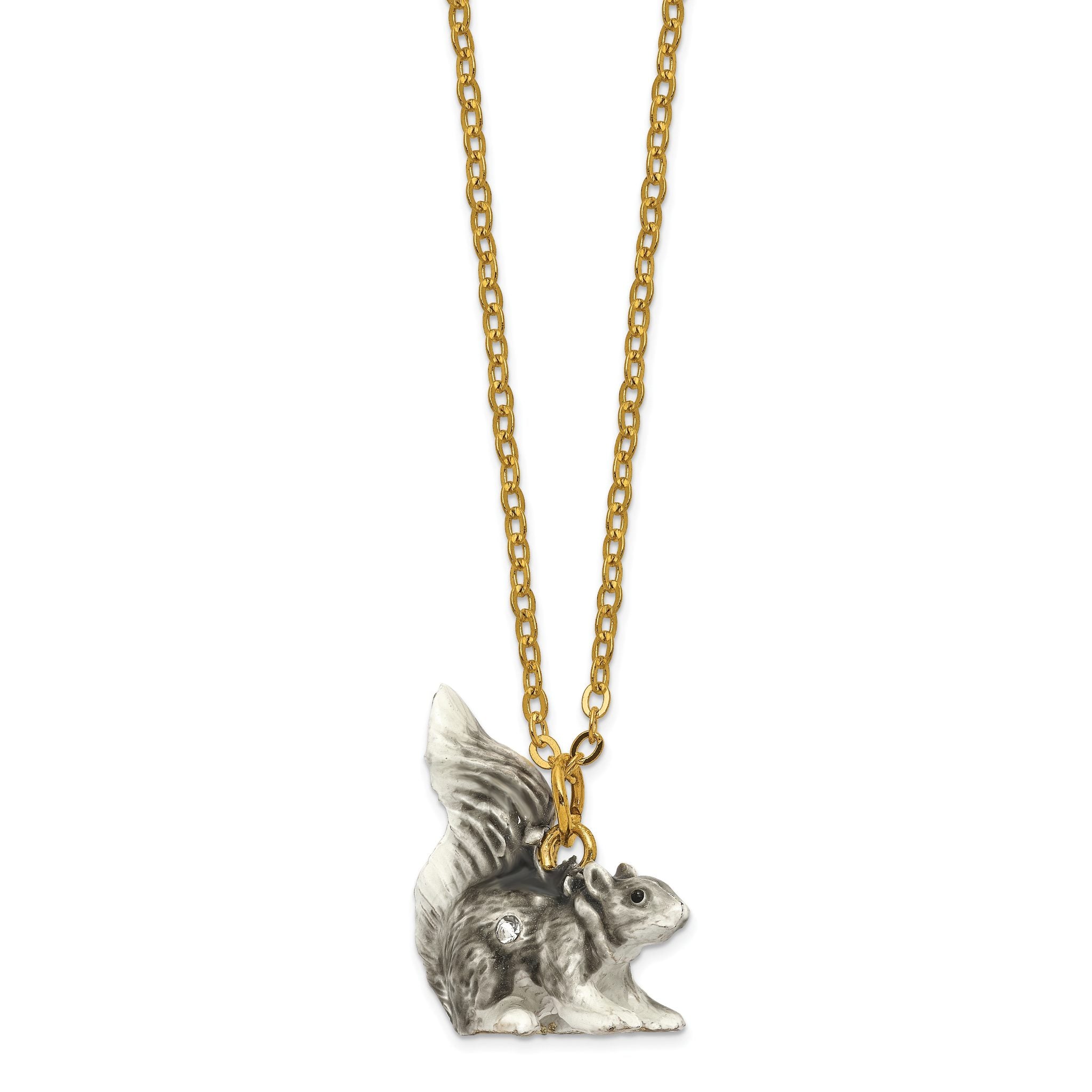 Luxury Giftware by Jere Bejeweled Crystals Gold-tone Enameled MAVERICK Winter Grey Squirrel Trinket Box with Matching 18 Inch Necklace