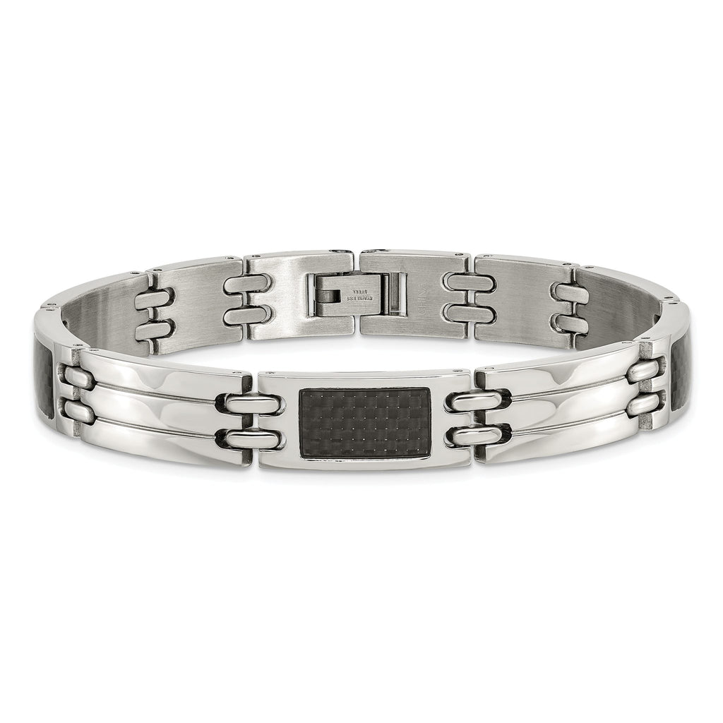 Stainless Steel Brushed and Polished with Black Carbon Fiber Inlay Link Bracelet for Men