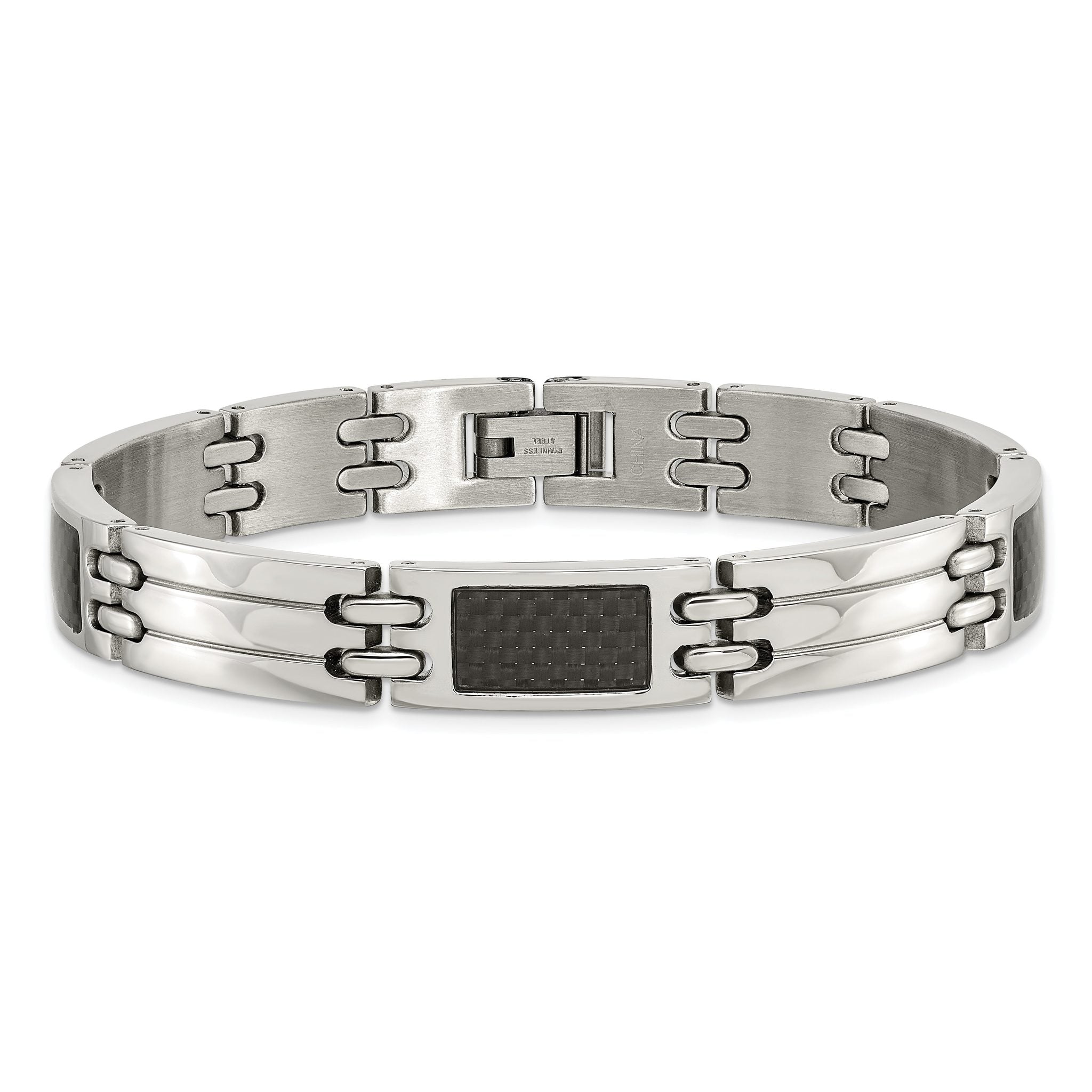Stainless Steel Brushed and Polished with Black Carbon Fiber Inlay Link Bracelet for Men