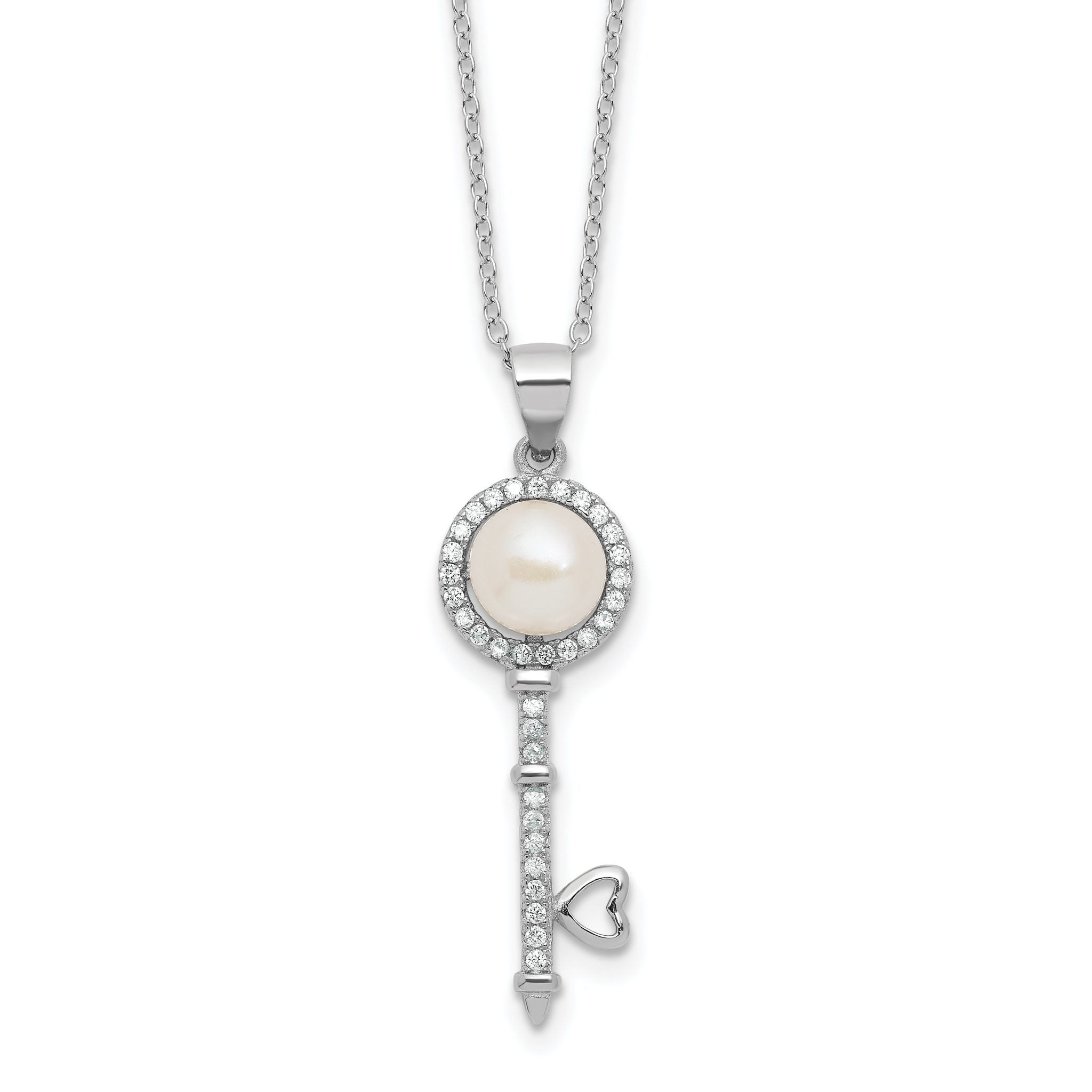 Sterling Silver Rhodium-plated 7-8mm Button White Freshwater Cultured Pearl and CZ Key 17 inch Necklace Main image