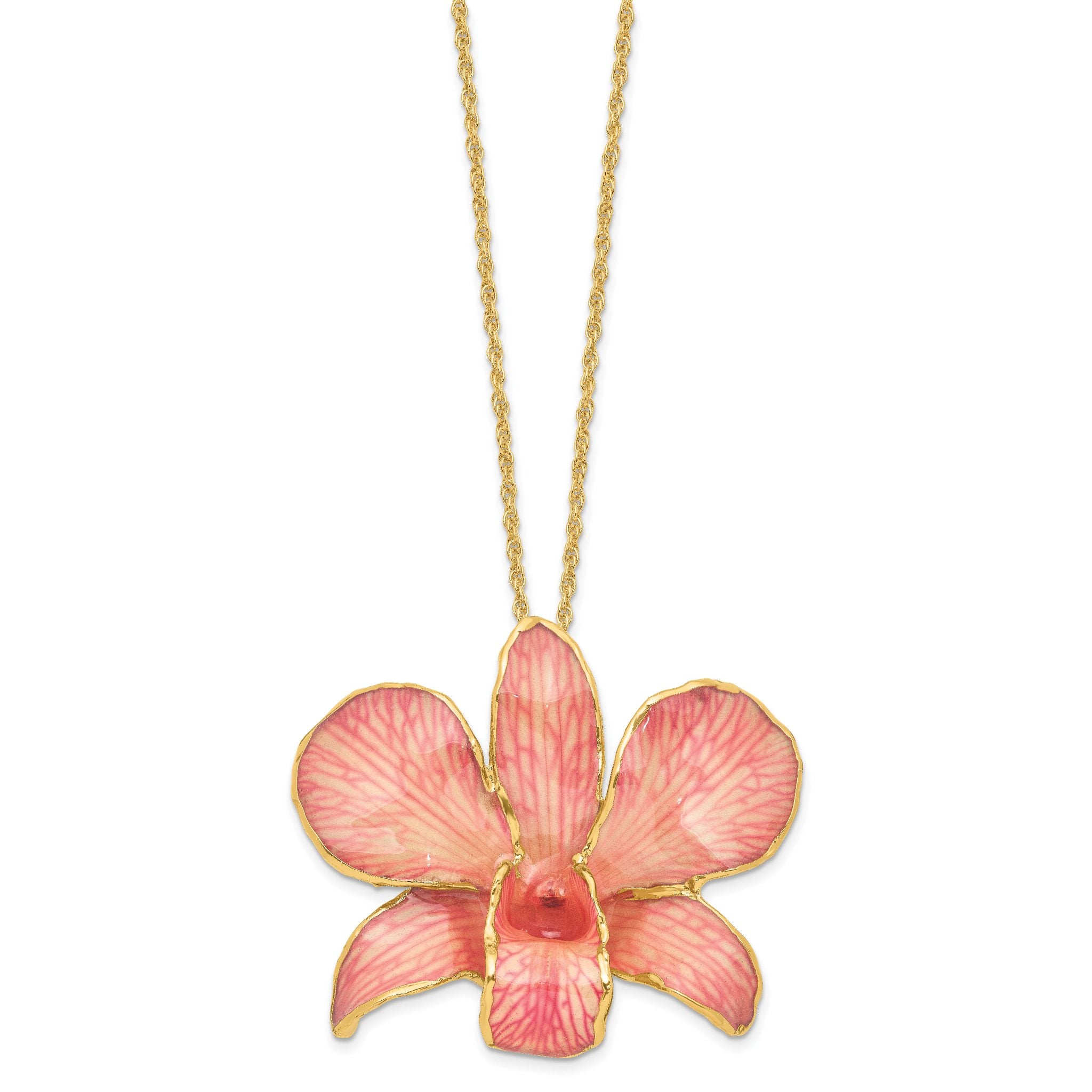 24K Gold-trim Lacquer Dipped Pink Real Dendrobium Orchid 20 inch Gold-tone Necklace Secondary image