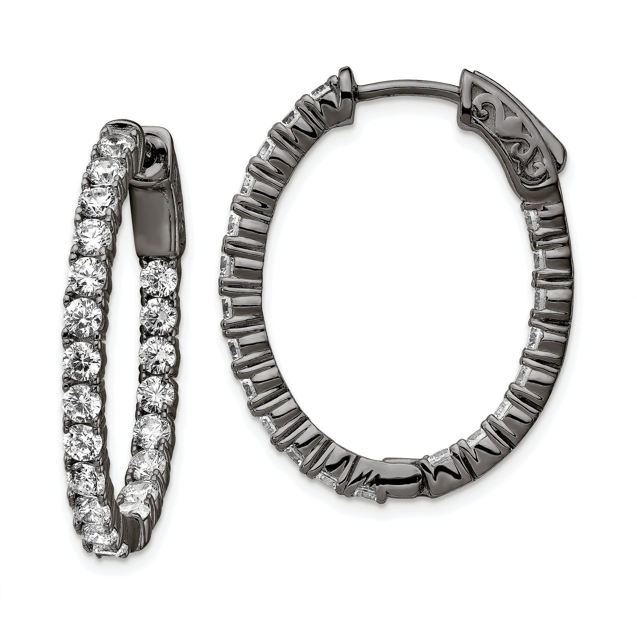 Sterling Shimmer Black Rhodium-plated 42 Stone 2.5mm CZ In and Out Oval Hinged Hoop Earrings Main image