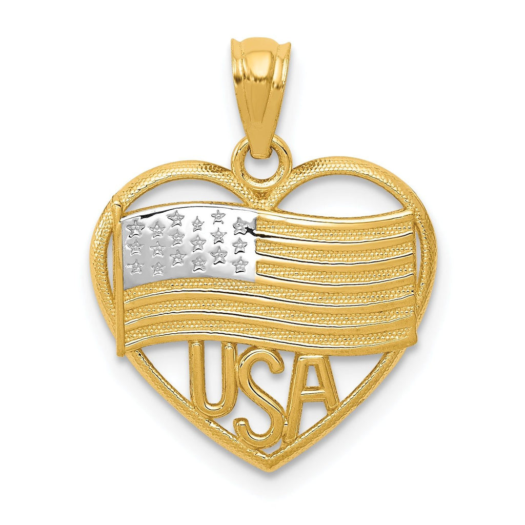 14K Gold Rhodium Heart Pendant with American Flag Design