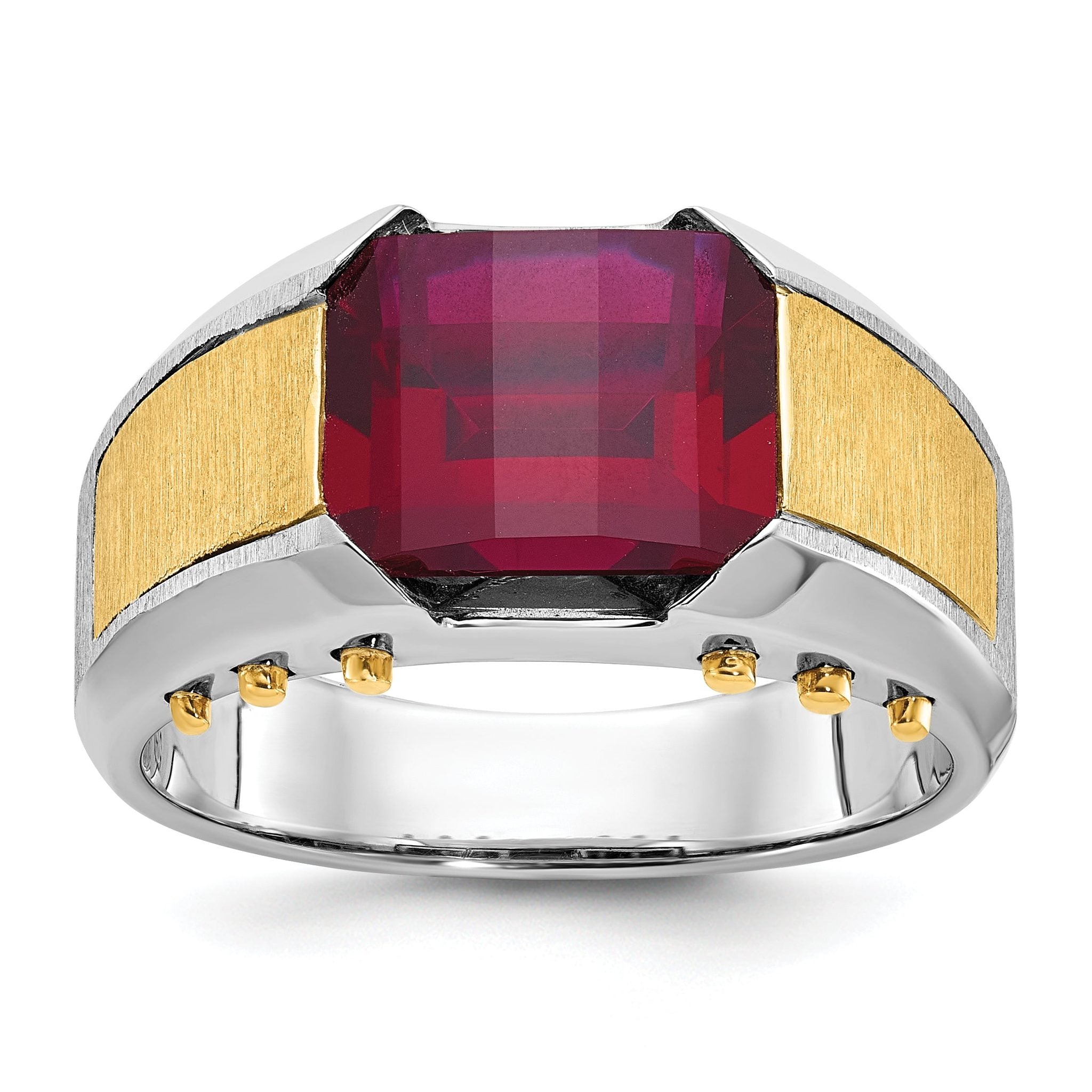 14k Two-tone Mens Barrel Lab Created Garnet Complete Ring