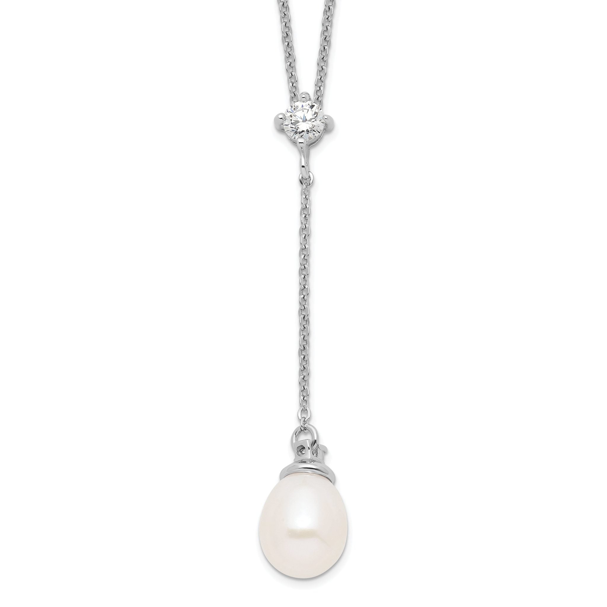 Sterling Silver 925 Polished Pearl CZ Drop Necklace Elegant Women's Jewelry
