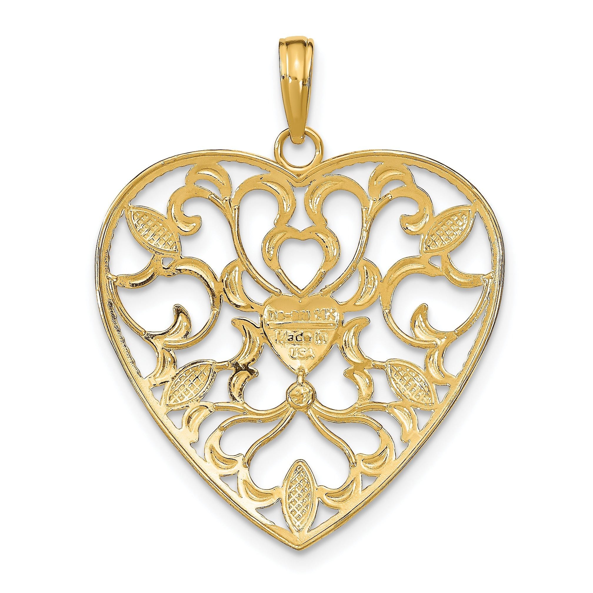 14K Yellow Gold With Rhodium Filigree Leaf Accent Heart Charm