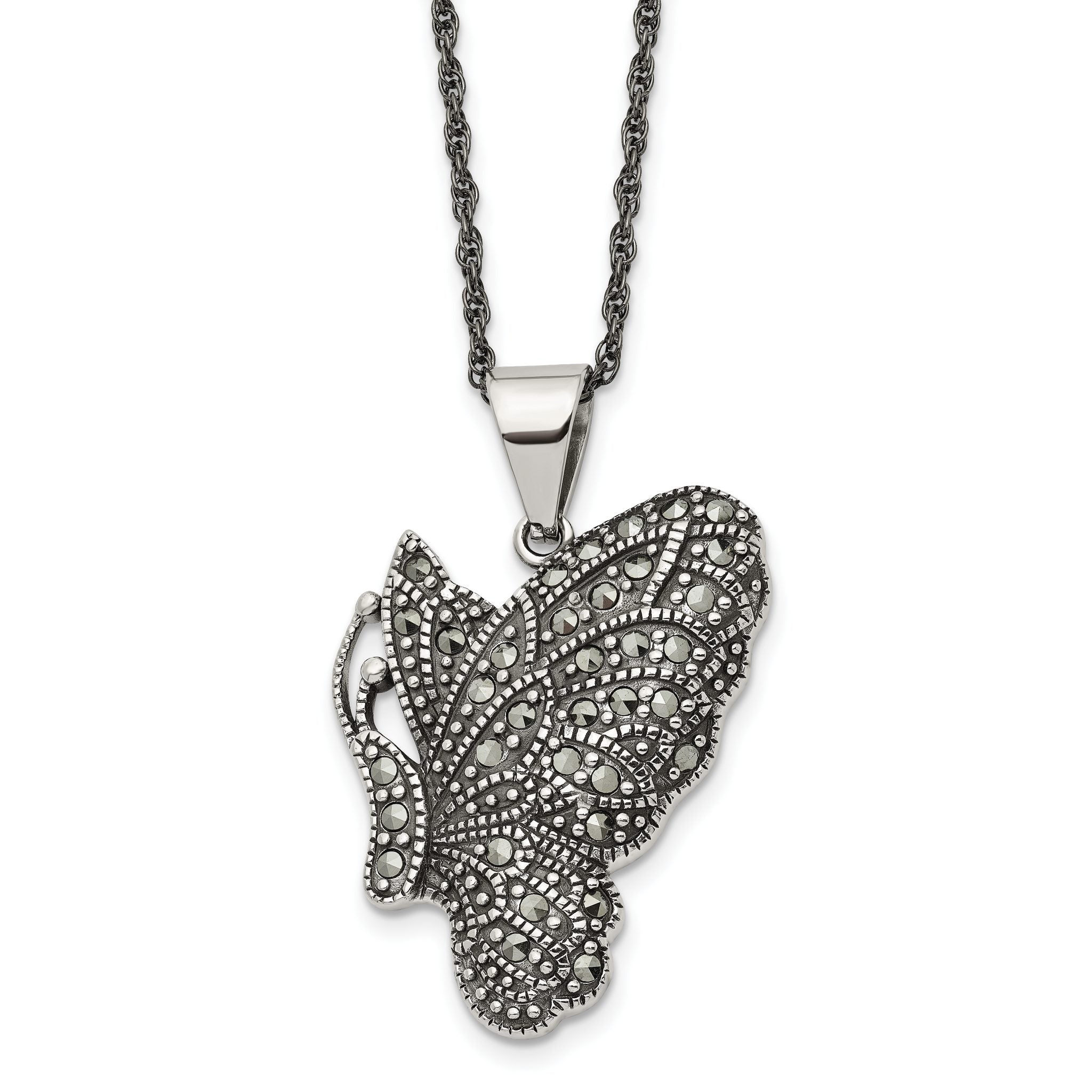 Chisel Stainless Steel Antiqued and Polished with Marcasite Butterfly Pendant on a 20 inch Singapore Chain Necklace Main image