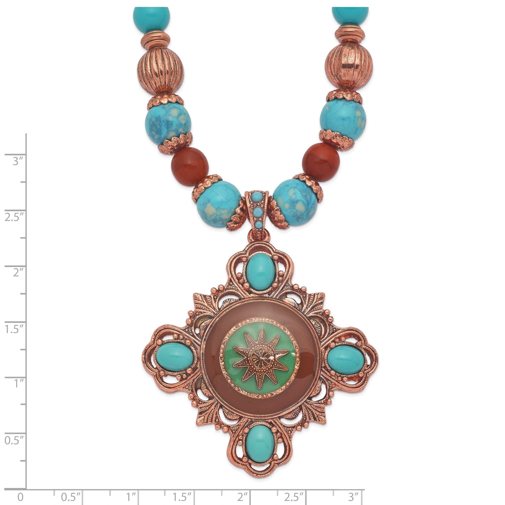 1928 Jewelry Copper-tone Frame and Beads Brown and Aqua Enamel Aqua and Brown Acrylic Beads 16 inch Necklace with 3 inch extension Secondary image