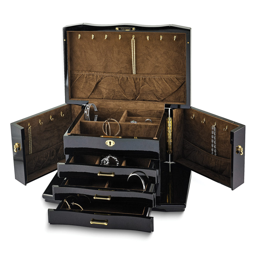 Luxury Giftware High GloSterling Silver Walnut Burl Veneer 3-drawer with Swing-out Sides Locking Wooden Jewelry Box