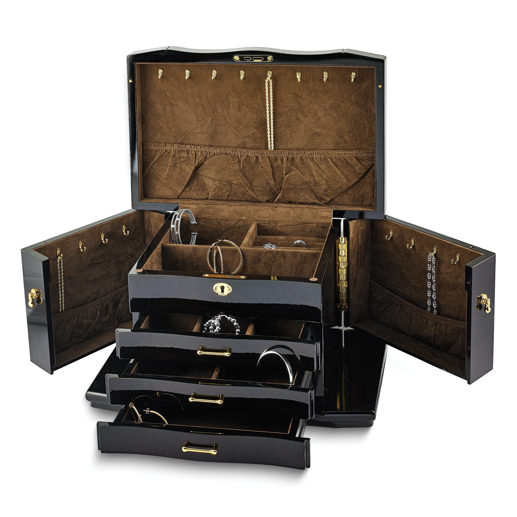 Luxury Giftware High GloSterling Silver Walnut Burl Veneer 3-drawer with Swing-out Sides Locking Wooden Jewelry Box