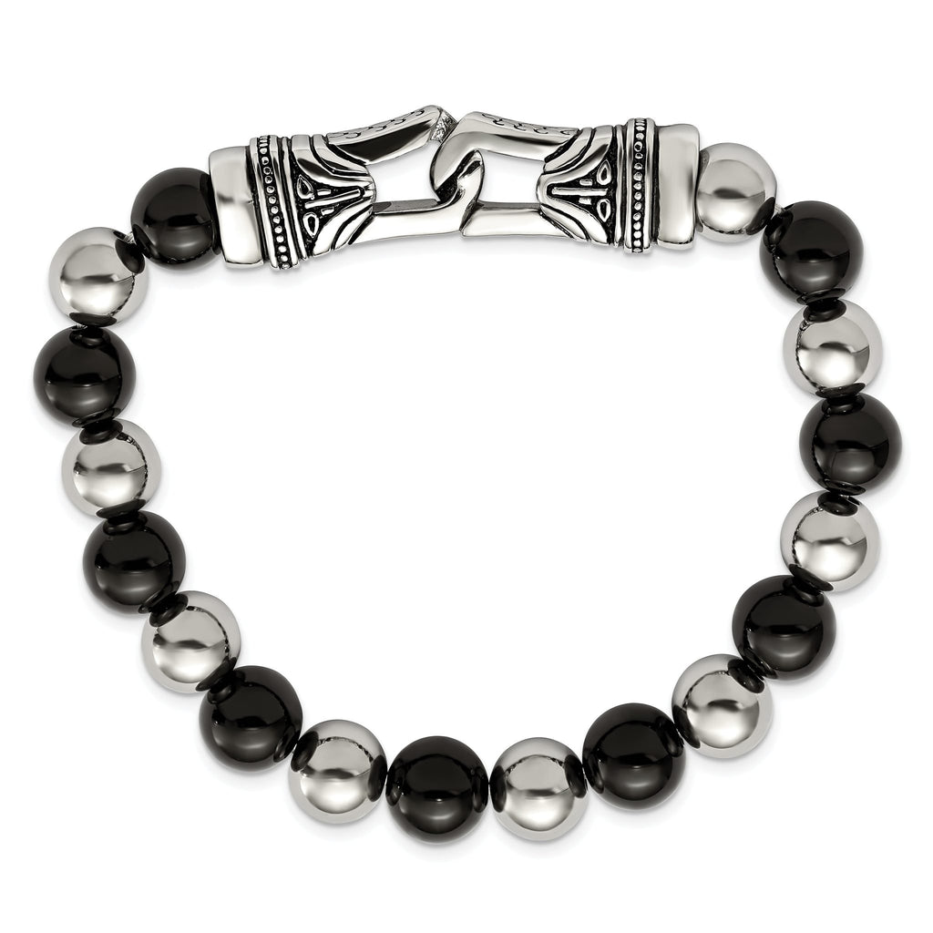 Stainless Steel Antiqued and Polished 10mm Black Agate Beaded Stretch Bracelet for Men
