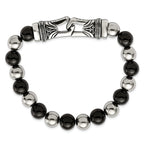 Stainless Steel Antiqued and Polished 10mm Black Agate Beaded Stretch Bracelet for Men