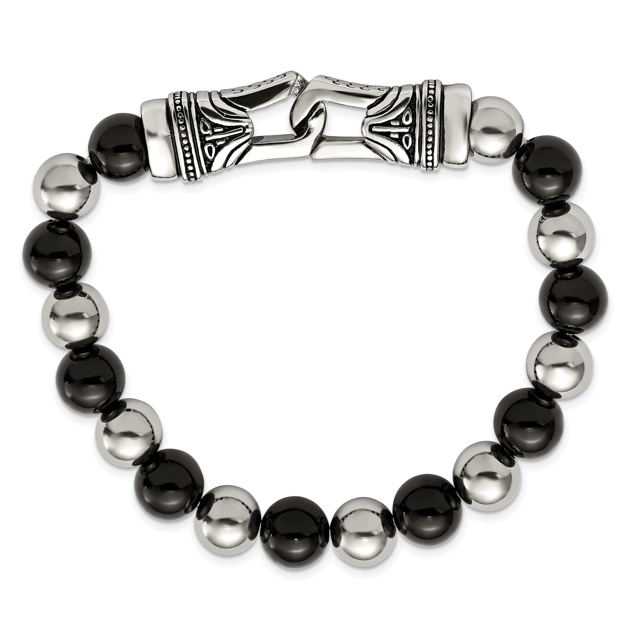 Stainless Steel Antiqued and Polished 10mm Black Agate Beaded Stretch Bracelet for Men