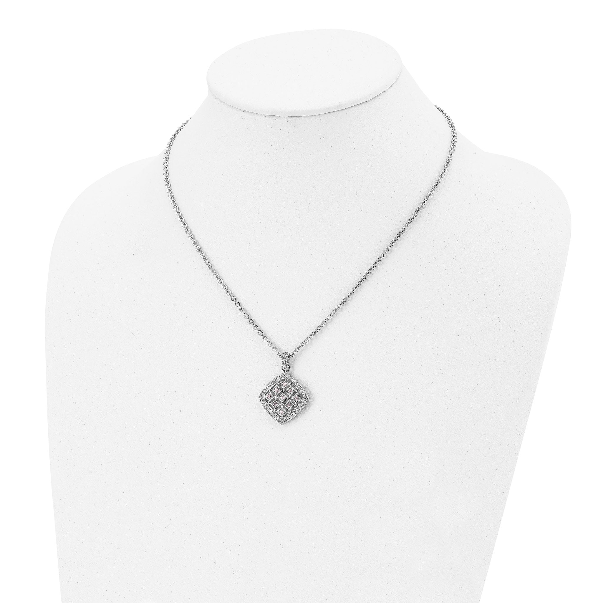 Clear & Pink CZ Square Pendant Necklace in Stainless Steel