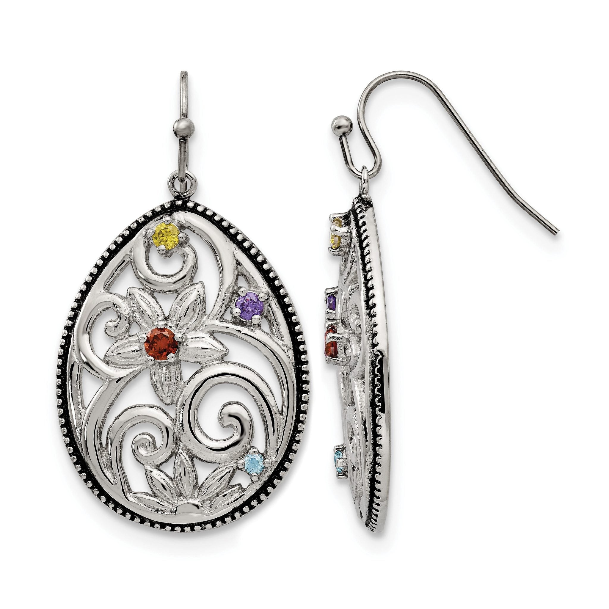 Stainless Steel Polished & Antiqued Cubic Zirconia Drop Dangle Earrings for Women Main image