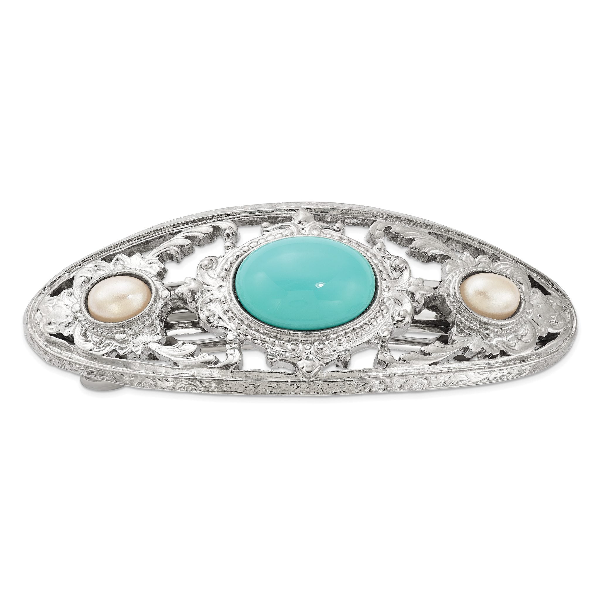 1928 Jewelry Silver-tone Ornate Imitation Pearl and Turquoise Acrylic Stone Hair Barrette Main image
