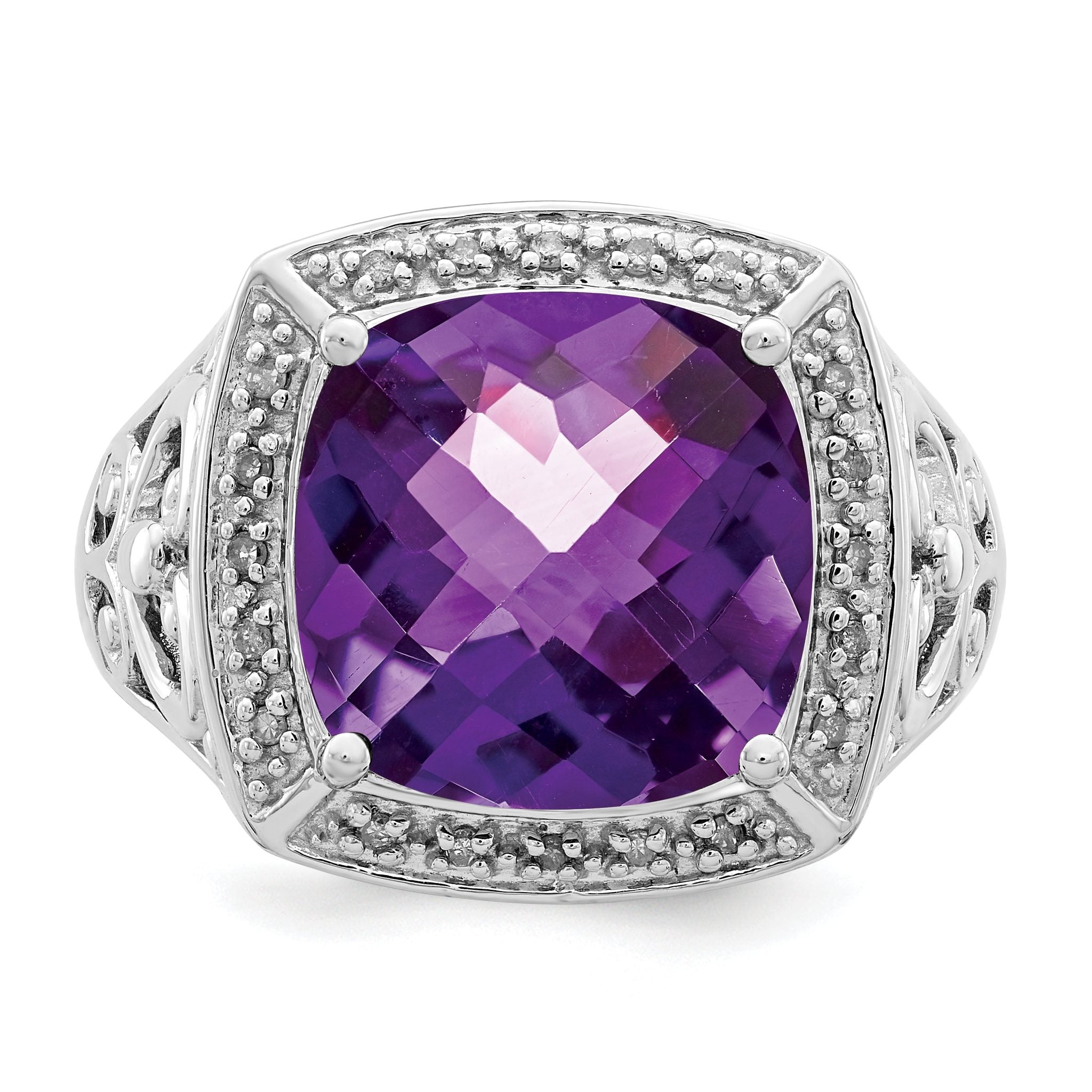 Sterling Silver Rhodium-plated Amethyst and Diamond Ring