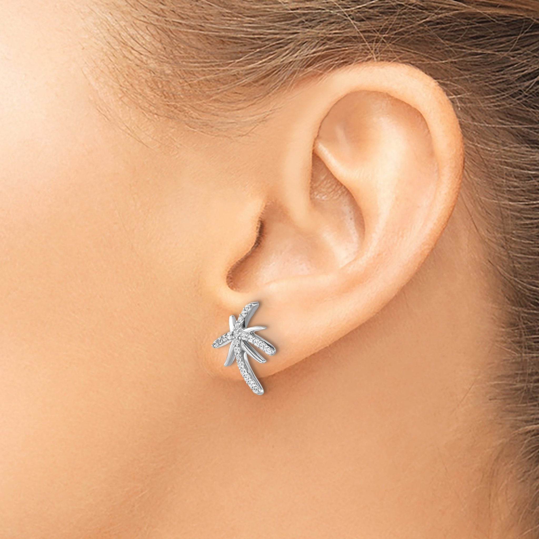 Cheryl M Sterling Silver Rhodium-plated Brilliant-cut CZ Palm Tree Post Earrings