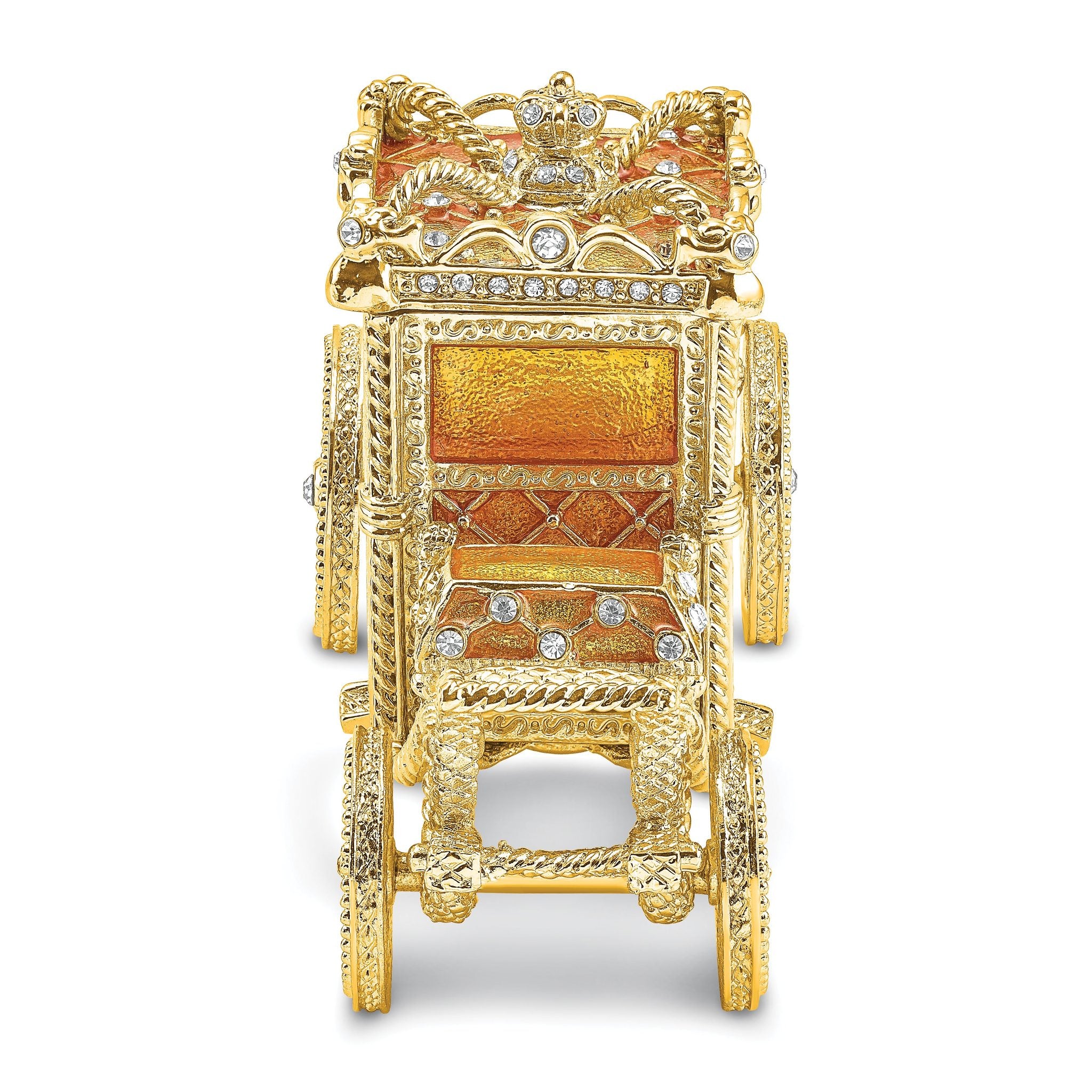 Luxury Giftware by Jere Pewter Bejeweled Crystals Gold-tone Enameled IMPERIAL Golden Carriage With Ring Pad Trinket Box with Matching 18 Inch Necklace