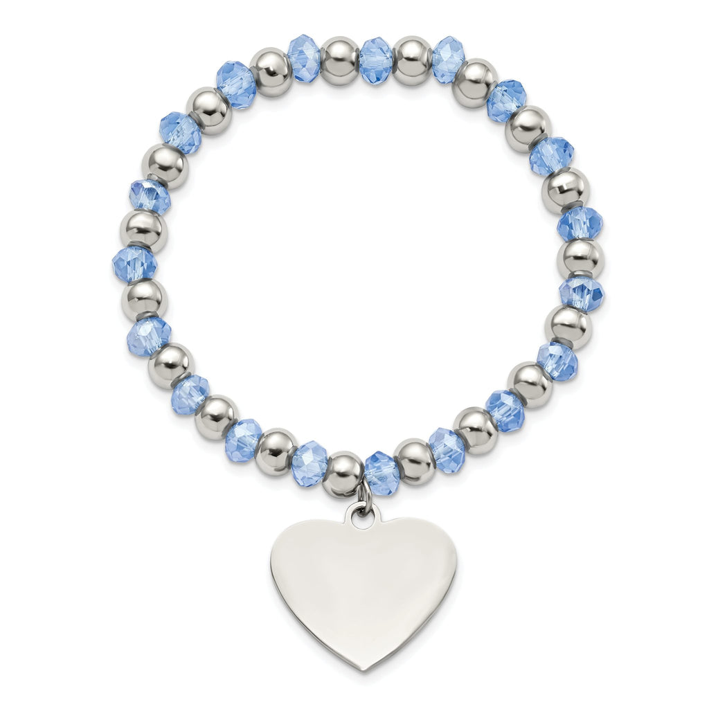 Stainless Steel Polished Heart Dangle Blue Glass Beaded Stretch Bracelet for Women
