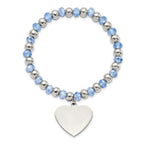 Stainless Steel Polished Heart Dangle Blue Glass Beaded Stretch Bracelet for Women