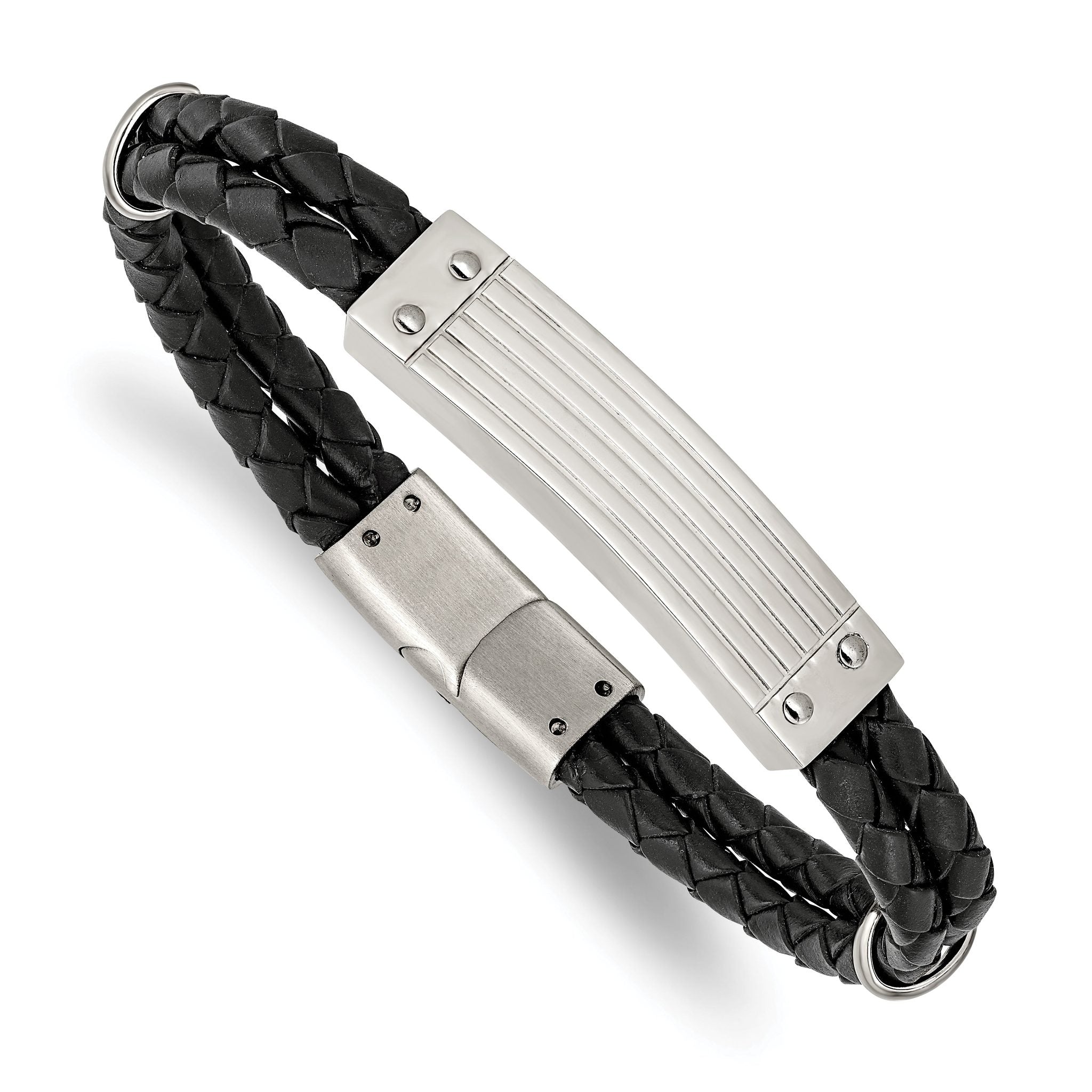 Stainless Steel Polished Black Woven Leather 2 Strand Bracelet Main image