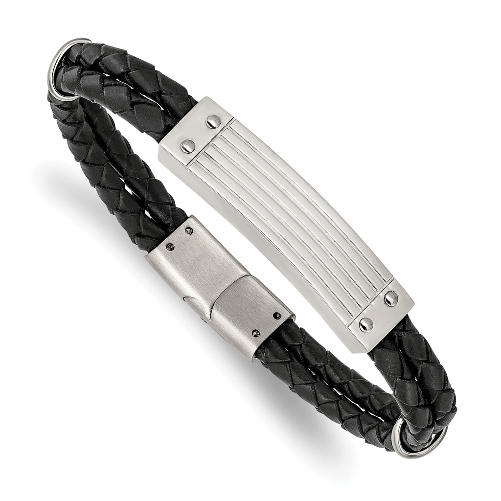 Stainless Steel Polished Black Woven Leather 2 Strand Bracelet