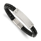 Stainless Steel Polished Black Woven Leather 2 Strand Bracelet