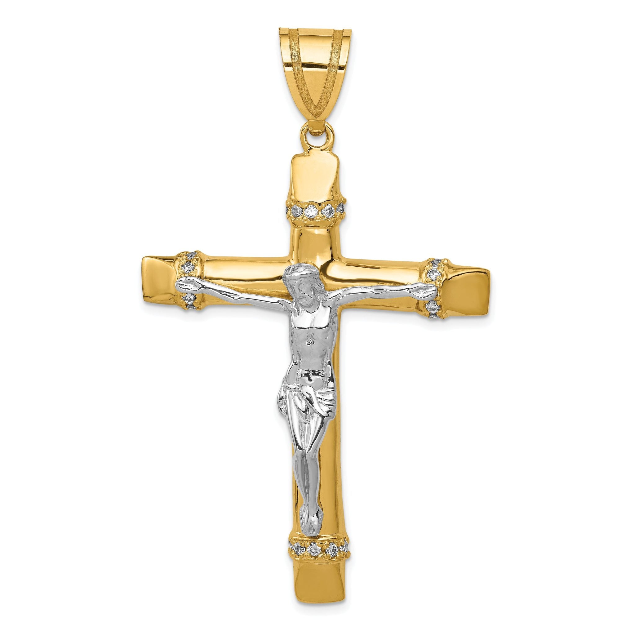14K Two-Tone Gold Crucifix Pendant with Cubic Zirconia Accent  Elegant Religious Design