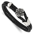 Stainless Steel Polished Black IP with Cubic Zirconia Braided Black Leather Bracelet for Men