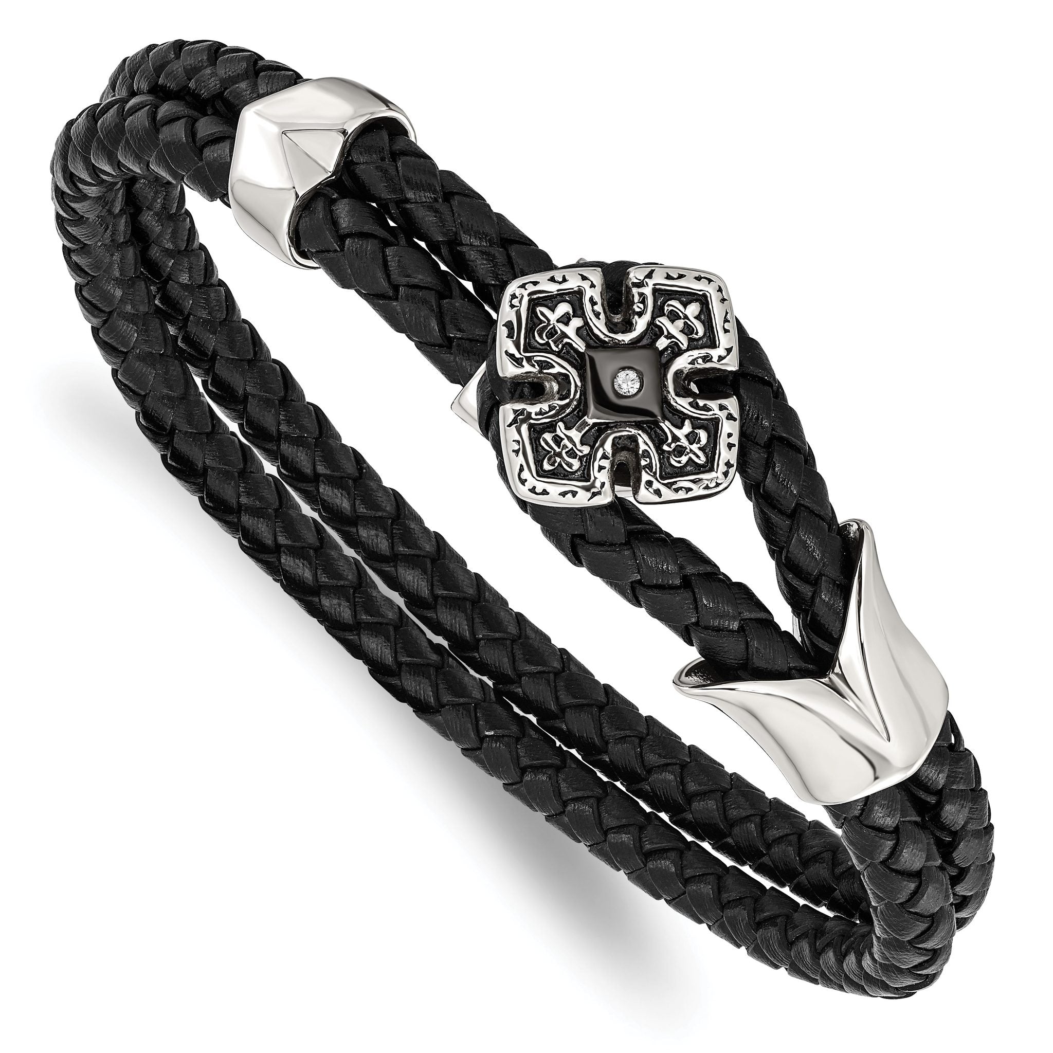 Stainless Steel Polished Black IP with Cubic Zirconia Braided Black Leather Bracelet for Men