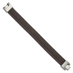 Stainless Steel Polished Brown Leather Bracelet for Men