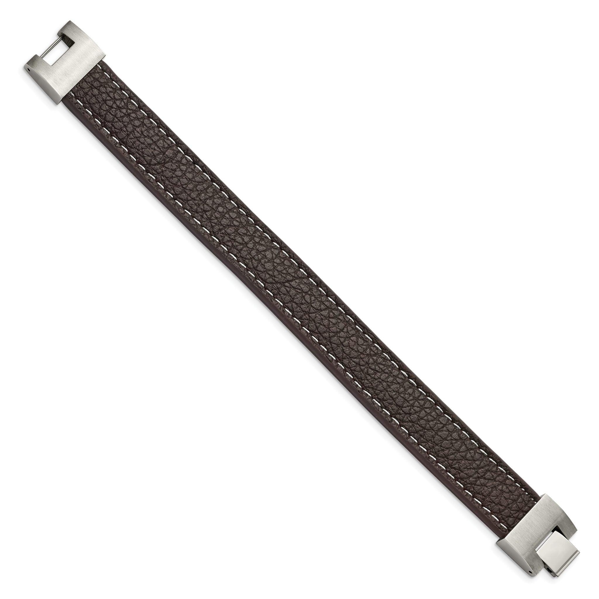 Stainless Steel Polished Brown Leather Bracelet for Men