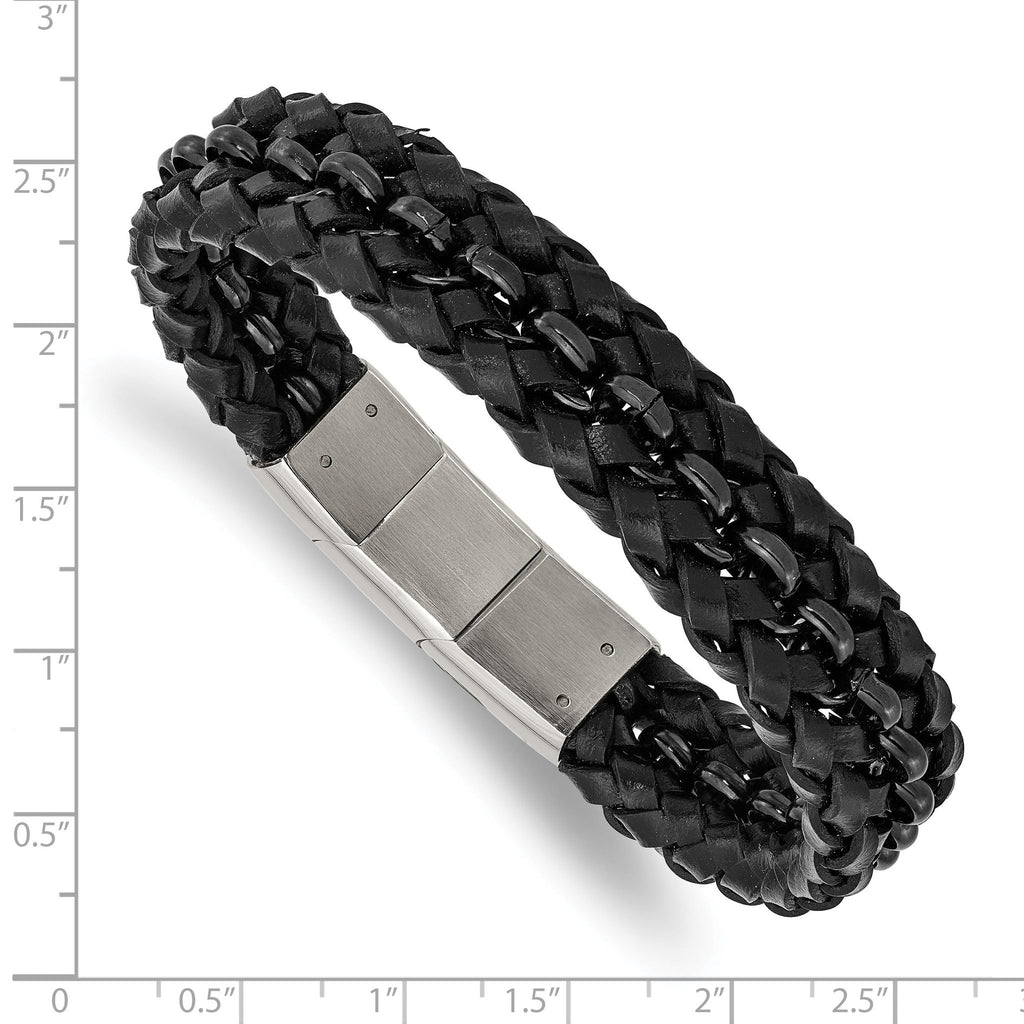 Stainless Steel Polished Black IP-plated Black Braided Leather Bracelet with . Extension