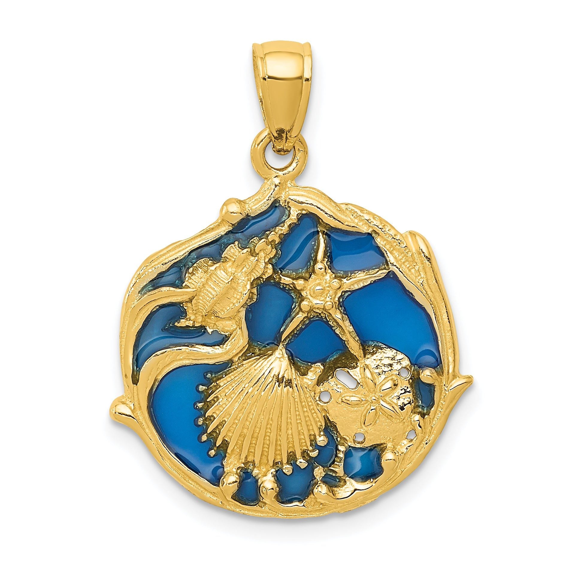 14K Gold Blue Enameled Shell Cluster Pendant with Polished Finish Main image