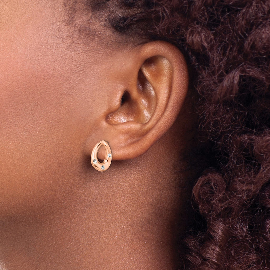 Stainless Steel Rose Gold-Tone Polished Teardrop Crystal Button Earrings for Women