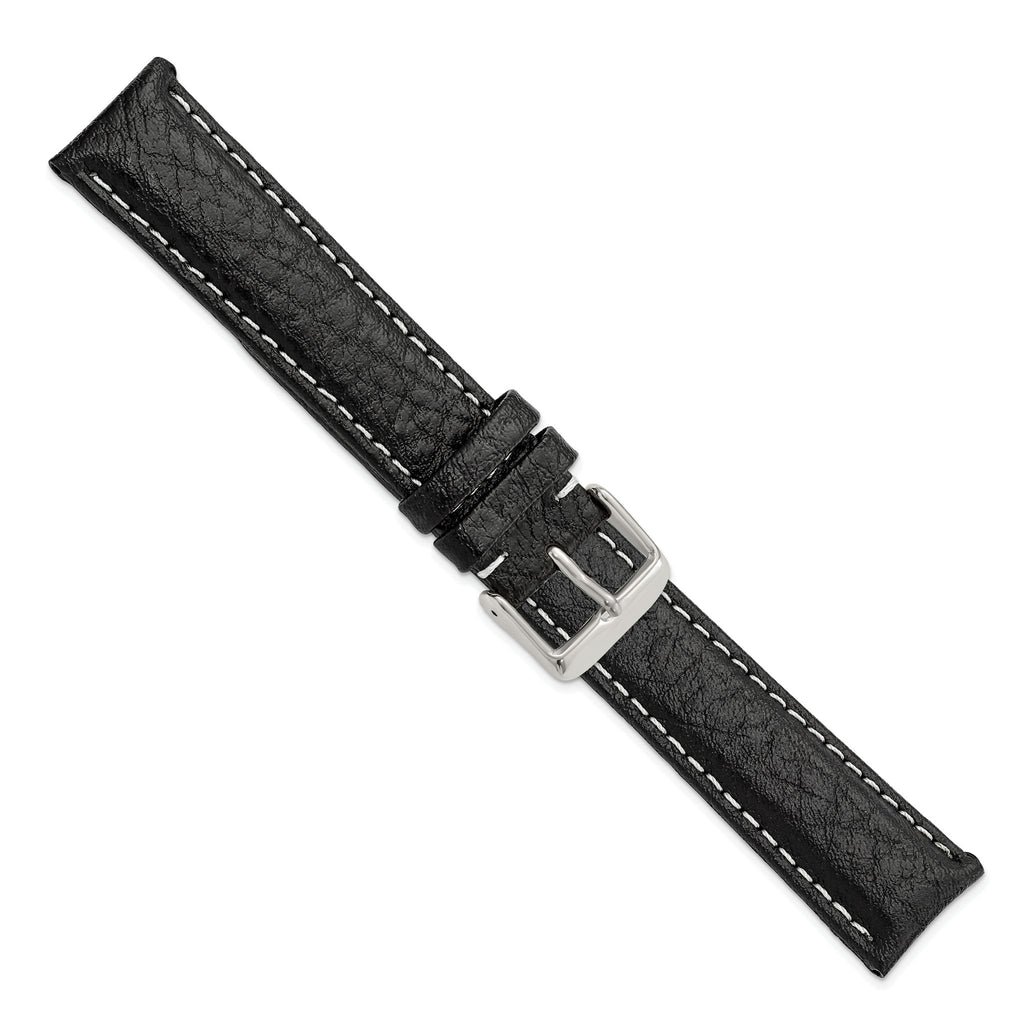 Black Sport Watch Band in Leather with White Stitching, 16mm