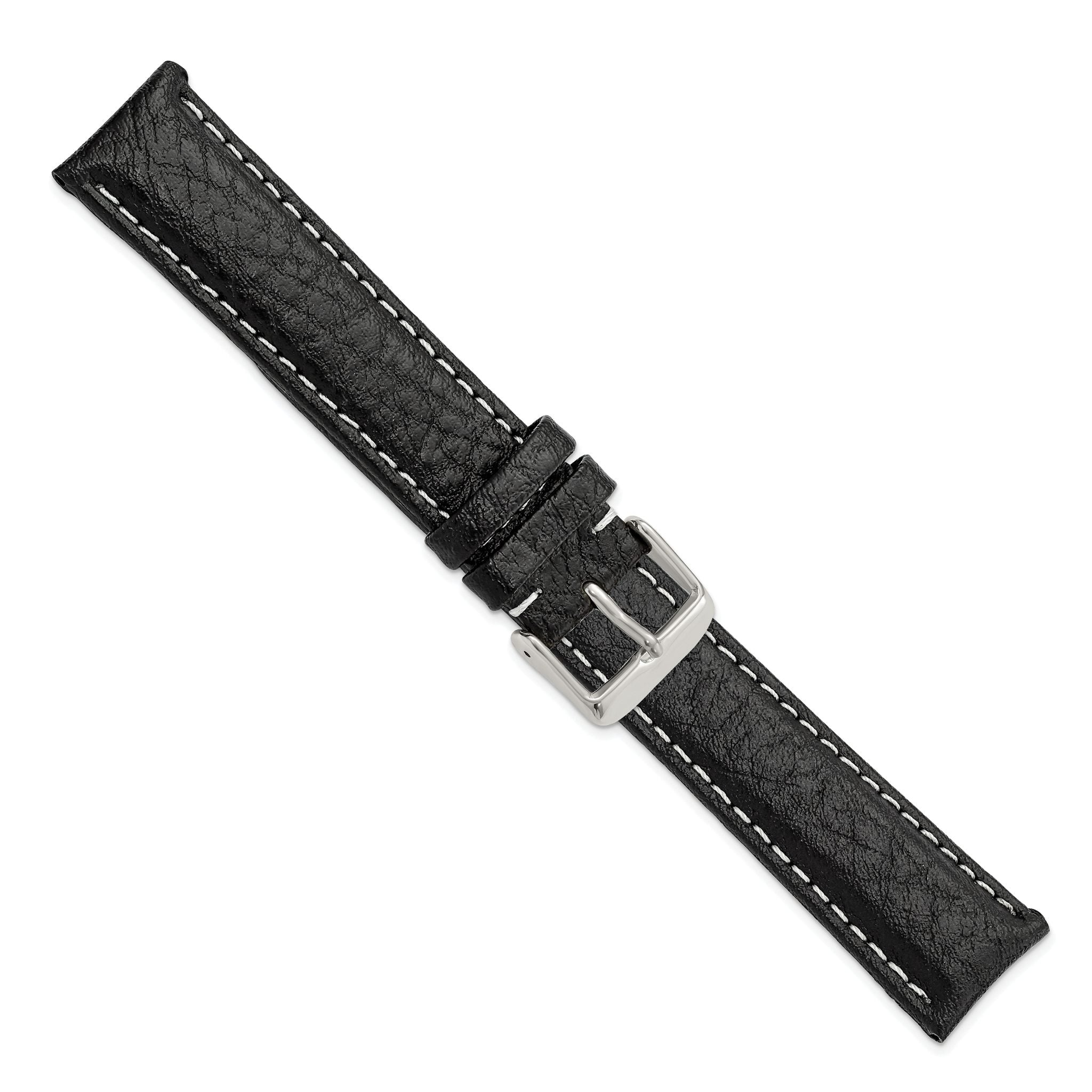 Black Sport Watch Band in Leather with White Stitching, 16mm