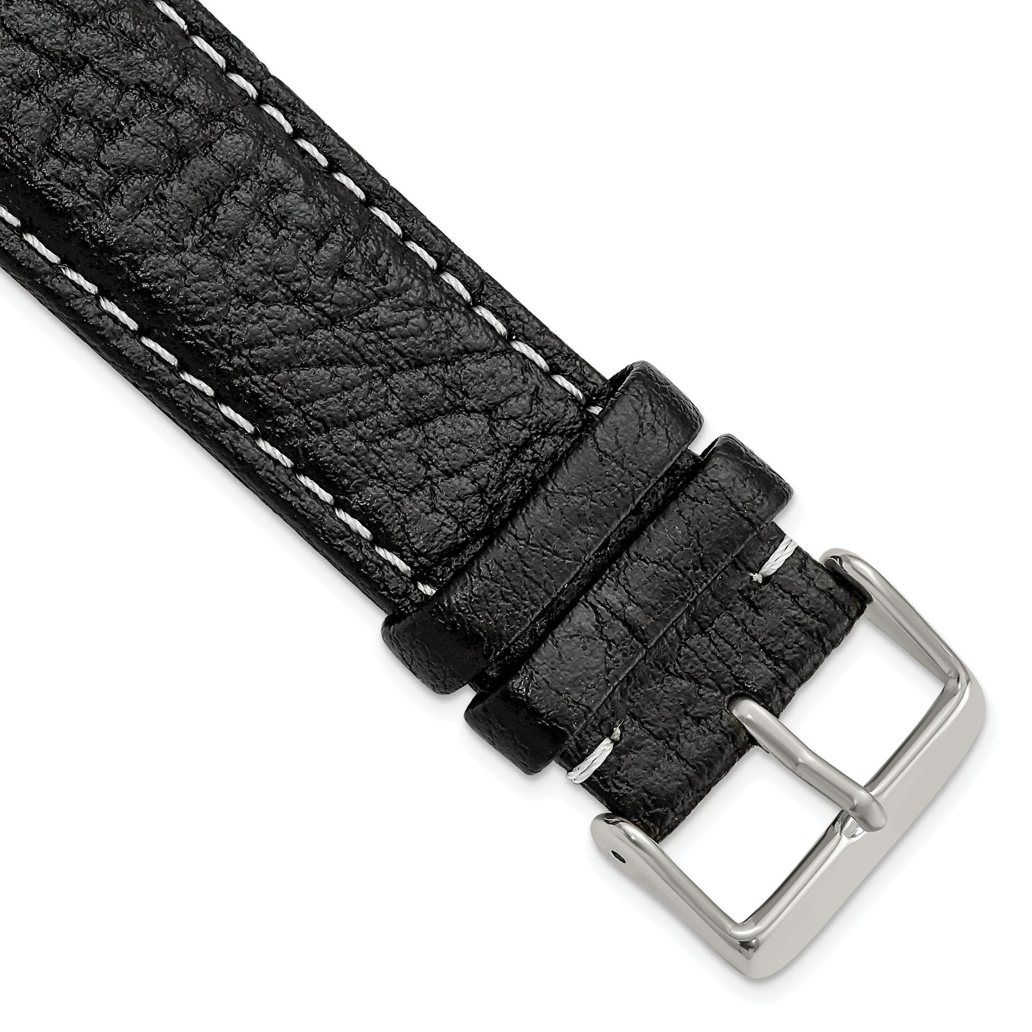 Black Sport Watch Band in Leather with White Stitching, 16mm